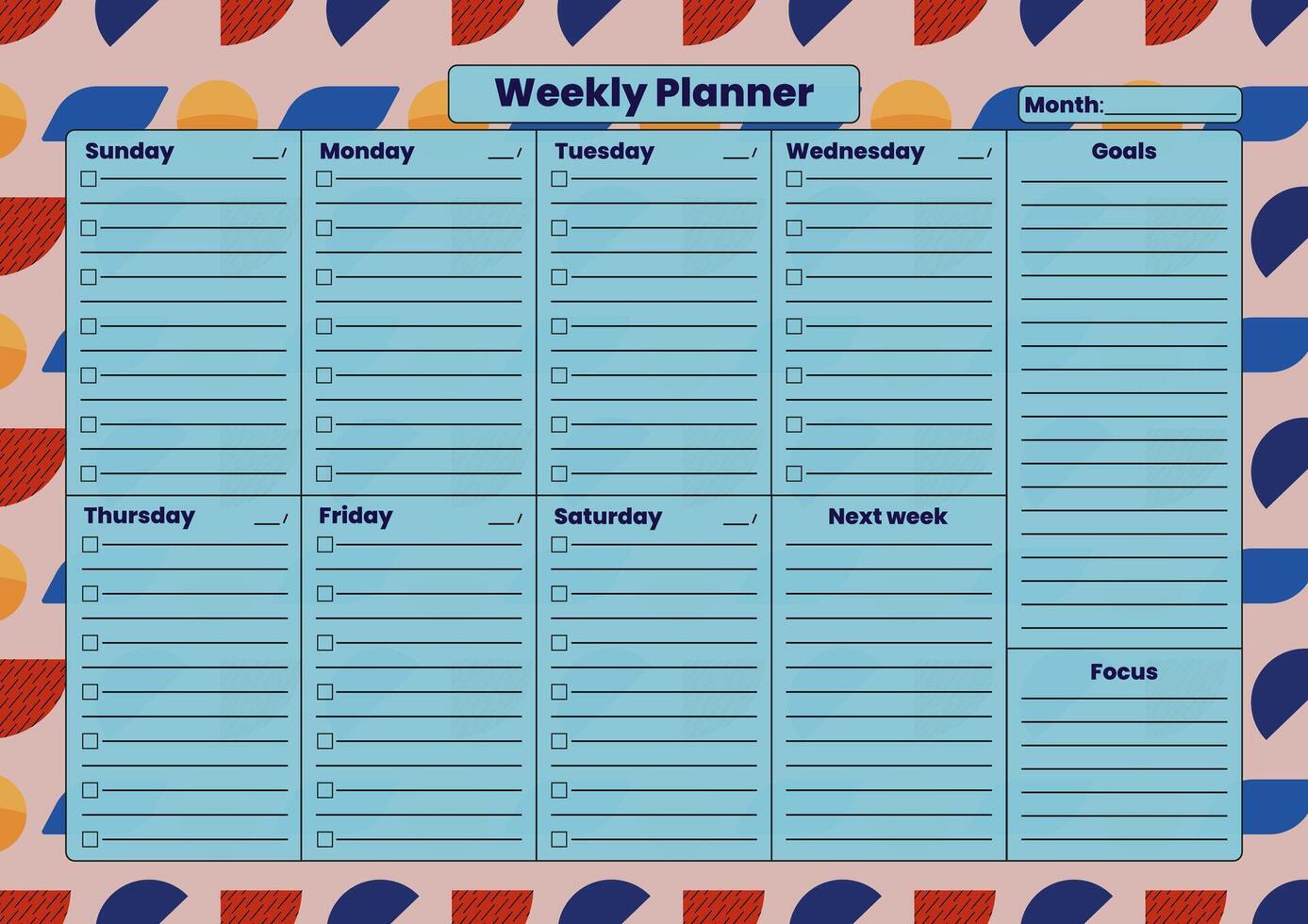 Structured weekly planner with checklist format, goal-setting, and focus sections on a vibrant geometric background. vector