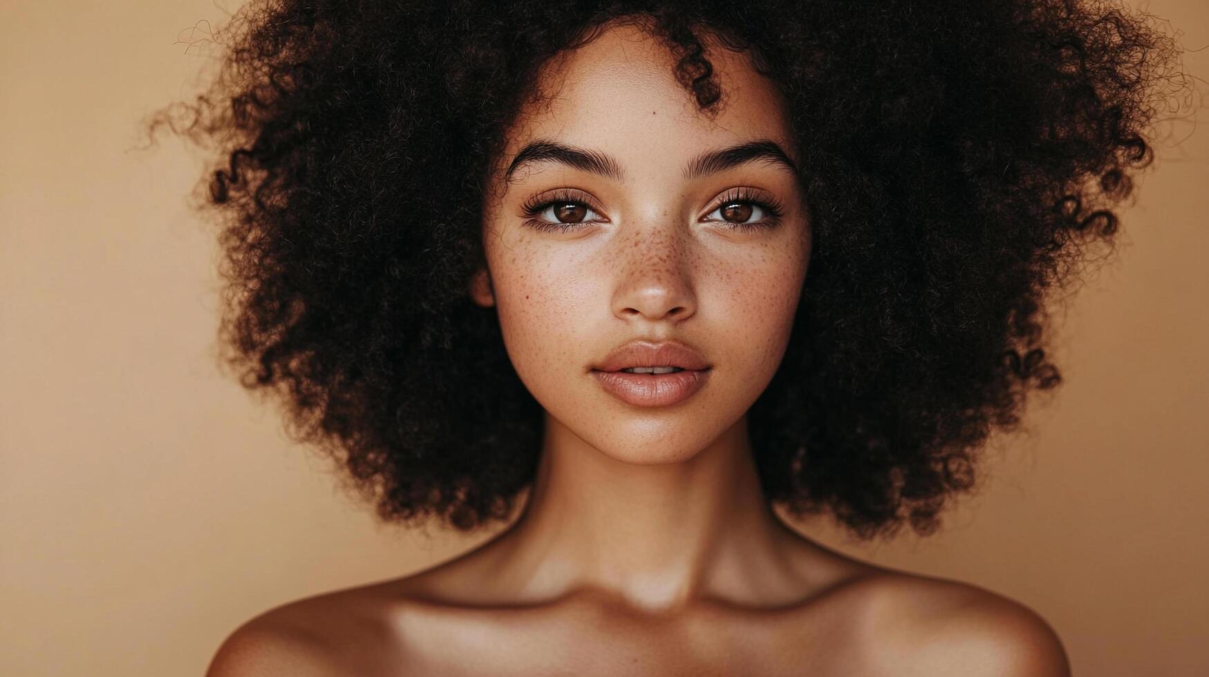 A beautiful woman with curly afro hair stands in front of a neutral backdrop. A close-up shot of a bare-shouldered model. photo