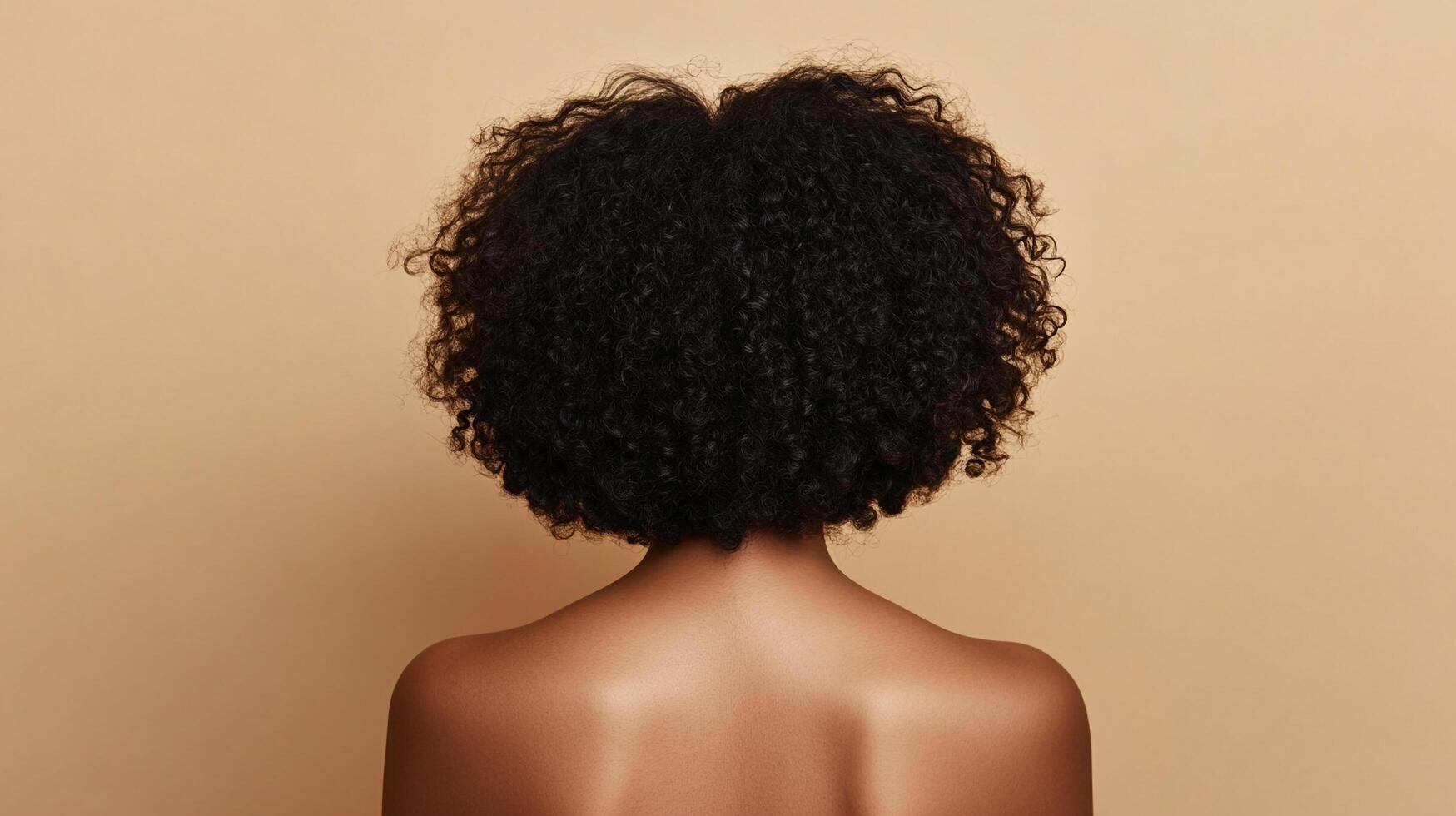 The back of a woman with curly hair facing away from the camera. The background is a tan color. Her bare shoulders show. photo