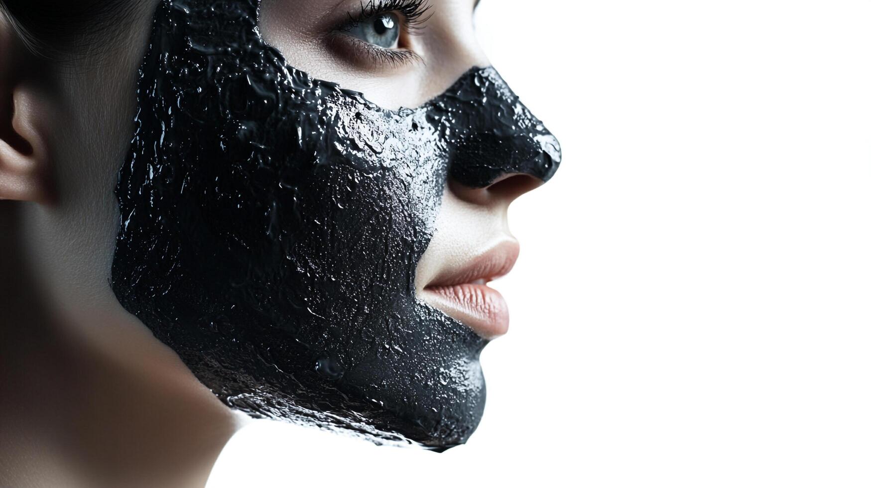 Woman's profile with a deep cleansing charcoal mask for skincare, focusing on beauty and purifying treatment for a clear complexion. photo