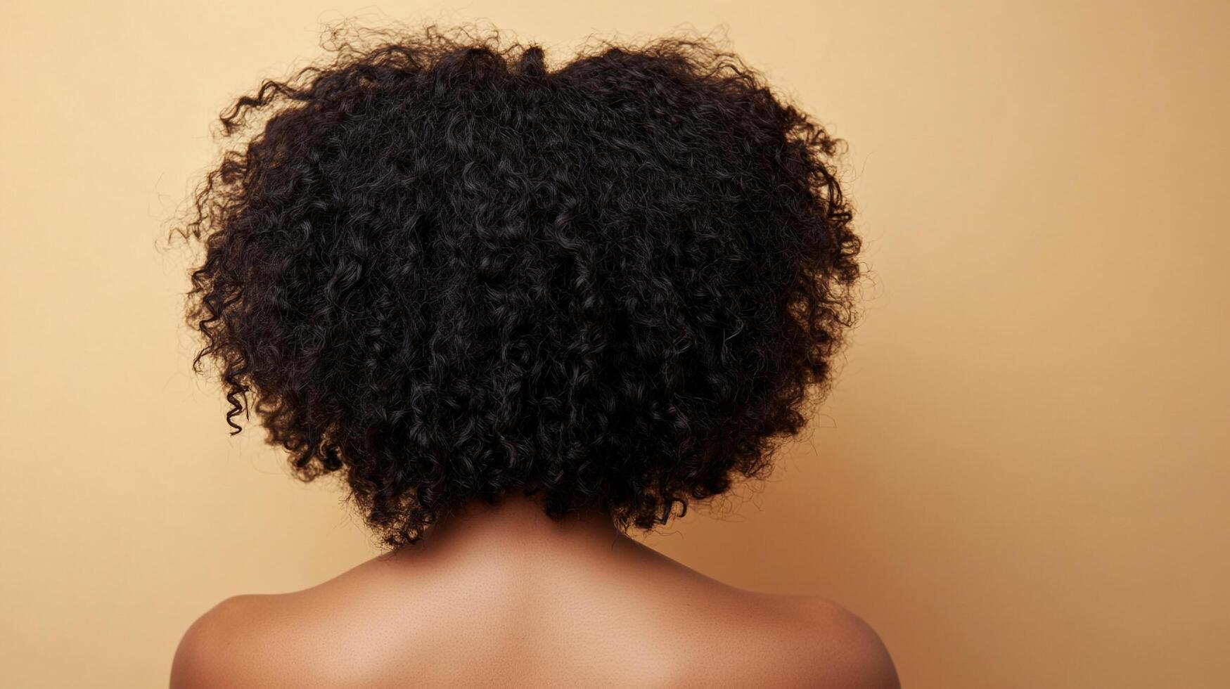 Voluminous curls. Back of head and bare shoulders against a neutral backdrop, showcasing natural hair and sleek skin. photo
