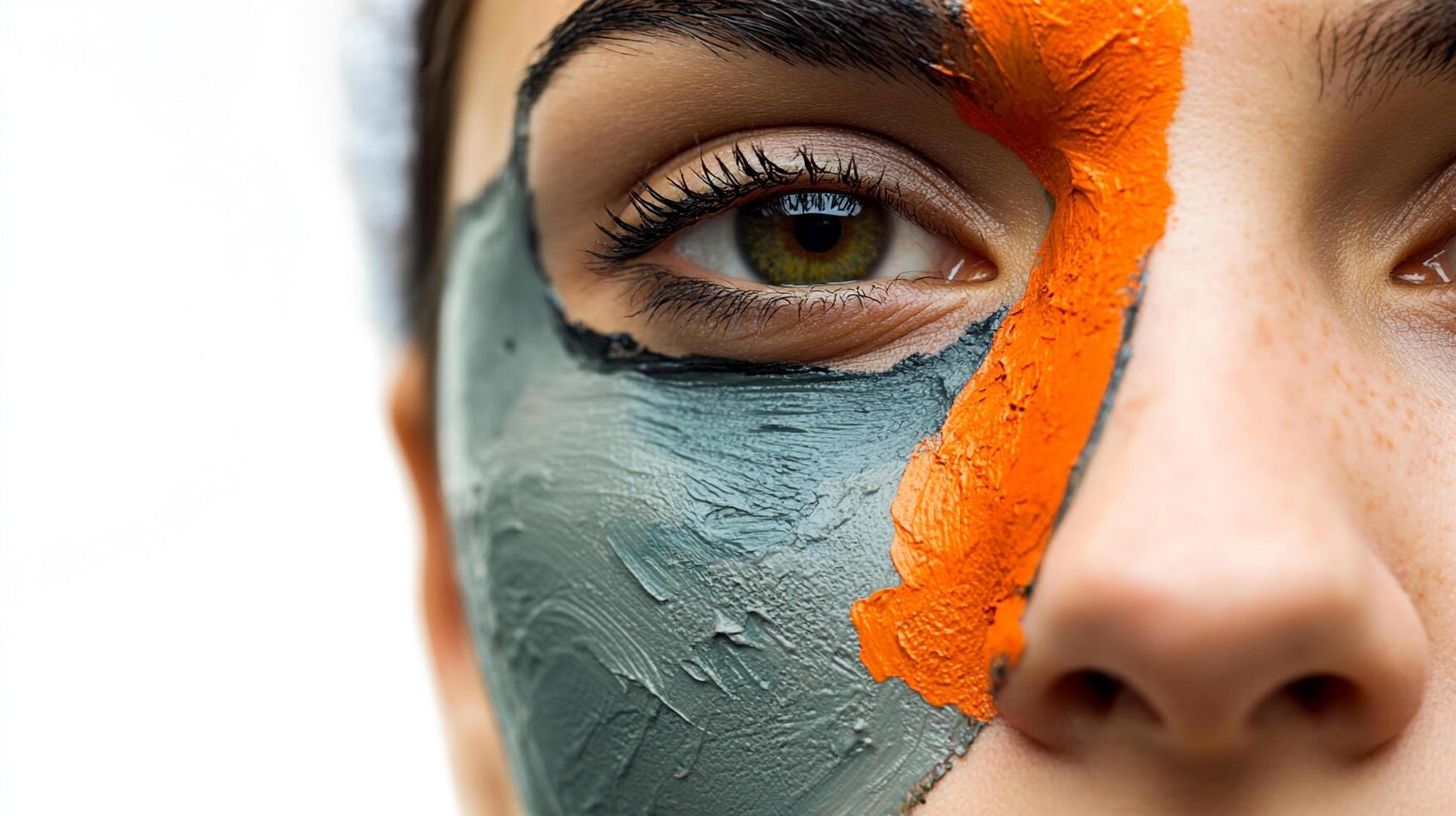 Close-up of a person's face with a textured, colorful clay mask. Eye focused, beauty treatment detail. Skincare and self-care concept. photo