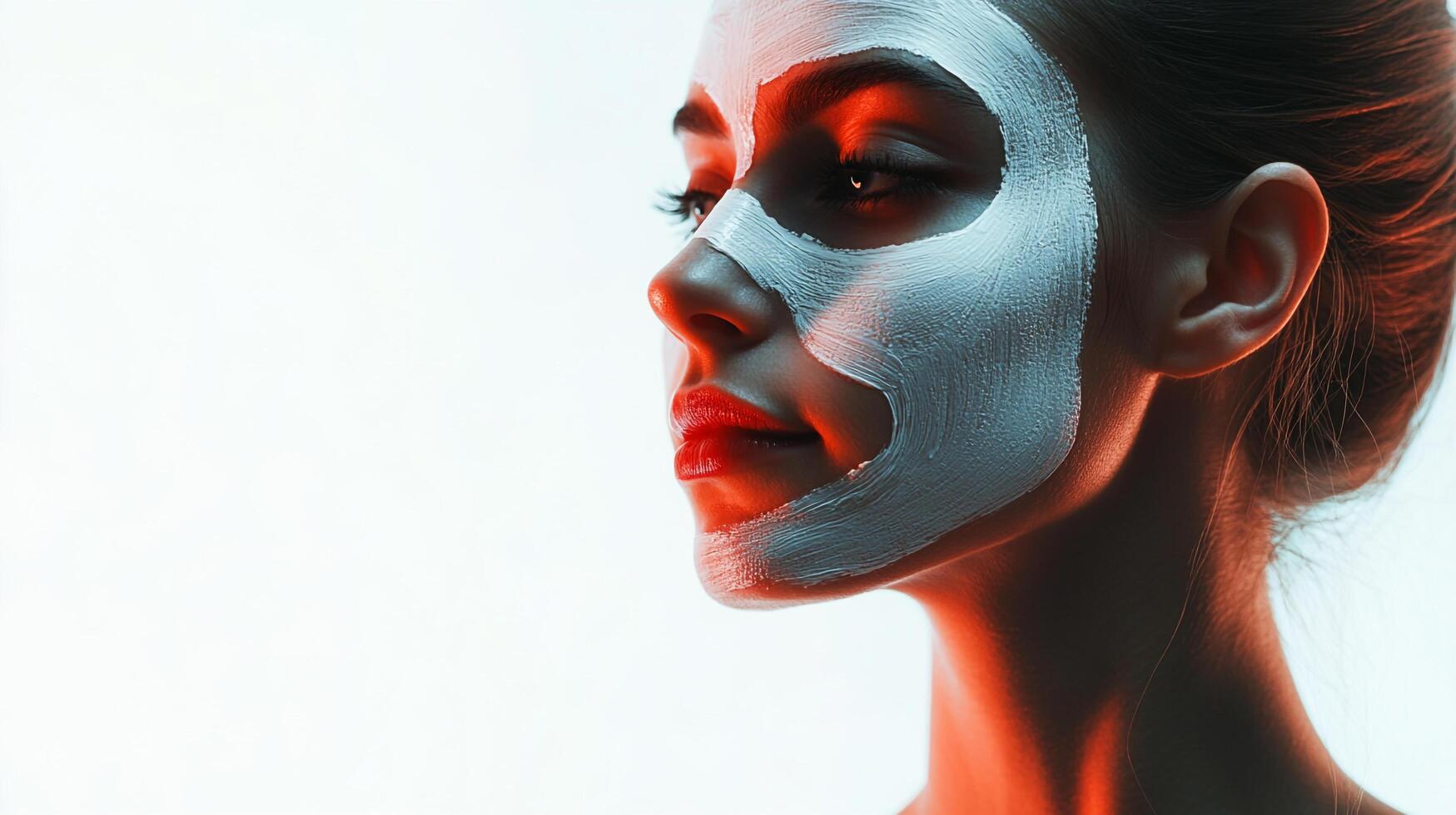 Profile of a woman's face with a white beauty mask. Enhanced lighting adds a touch of drama. Perfect for spa or beauty concepts. photo
