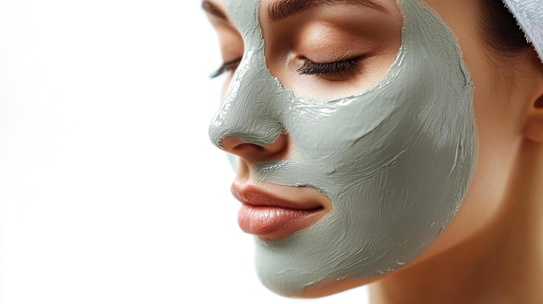 A serene image of a woman with closed eyes, showcasing a facial mask, emphasizing beauty and relaxation in skincare routine. photo