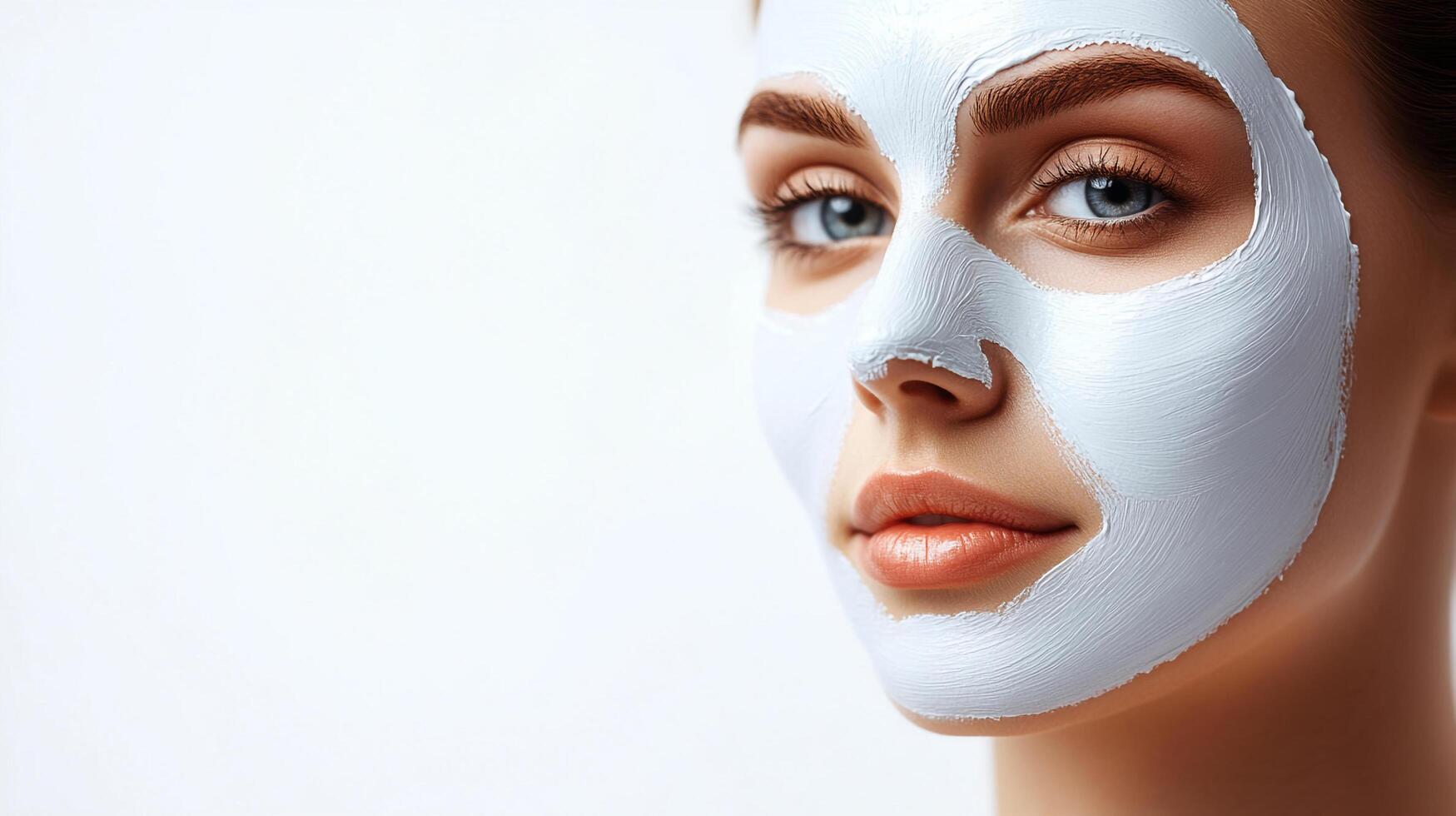 Close-up of a woman's face with a white skincare mask, highlighting beauty, self-care, and a fresh complexion against a clean white background. photo