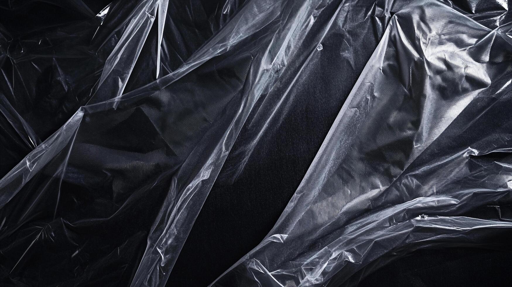 Abstract image of transparent plastic sheeting draped over dark material. The plastic has wrinkles, folds and highlights. Close-up view. photo