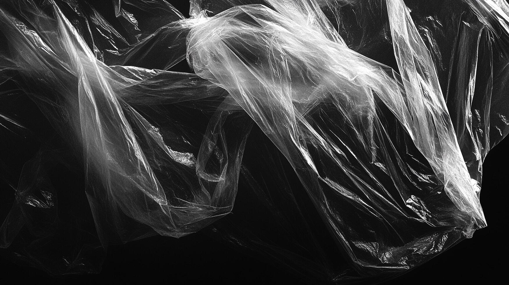 Dramatic monochrome image of crumpled transparent material against a dark backdrop, showcasing light and shadow interplay. photo