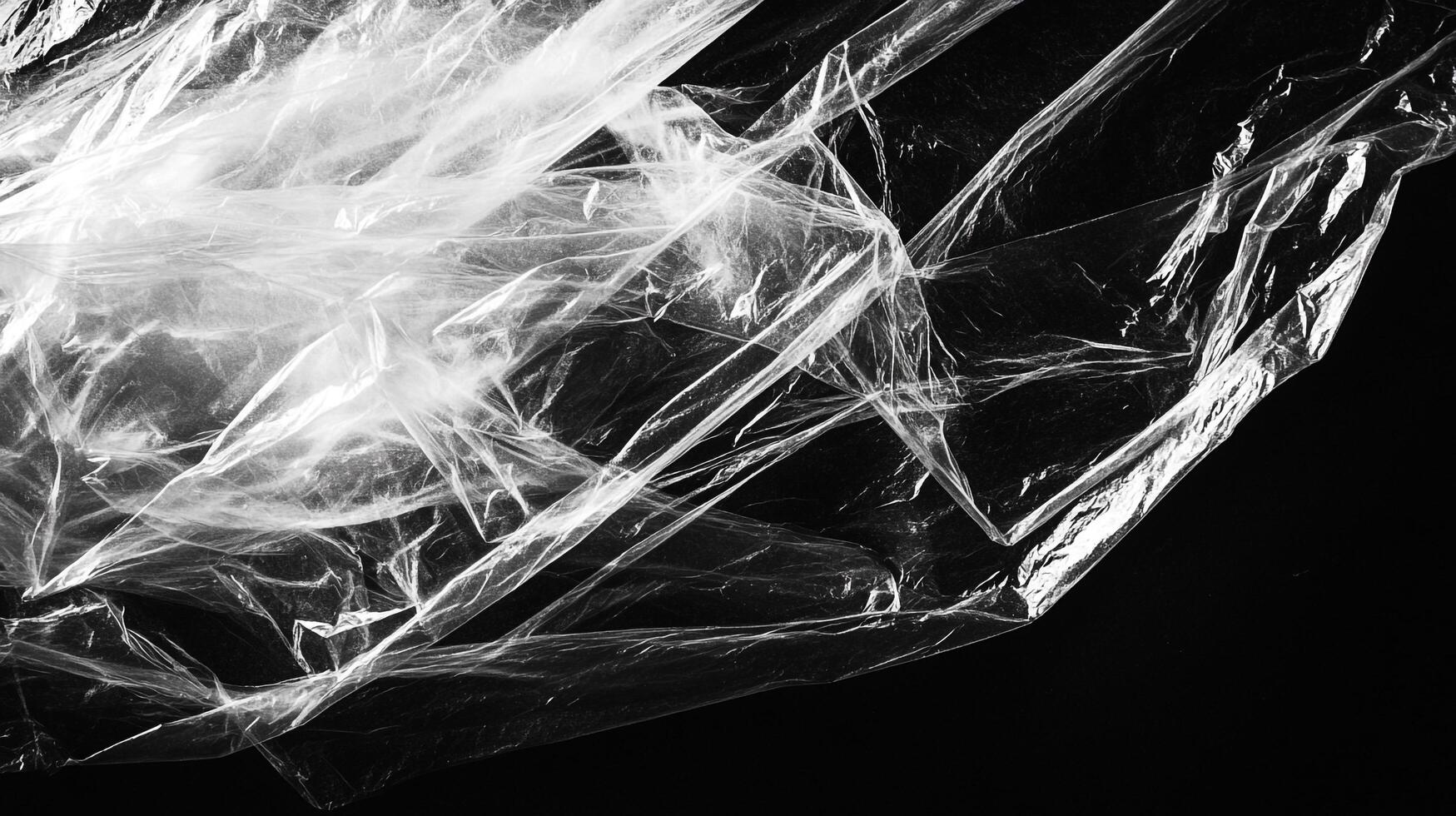 Abstract monochrome photo showcasing the interplay of light and shadows on translucent plastic against a stark black background.