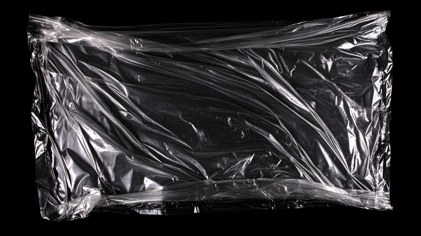 A tightly wrapped rectangular object in clear plastic, forms an abstract design of lines and shapes. The dark background enhances the plastic's transparency. photo