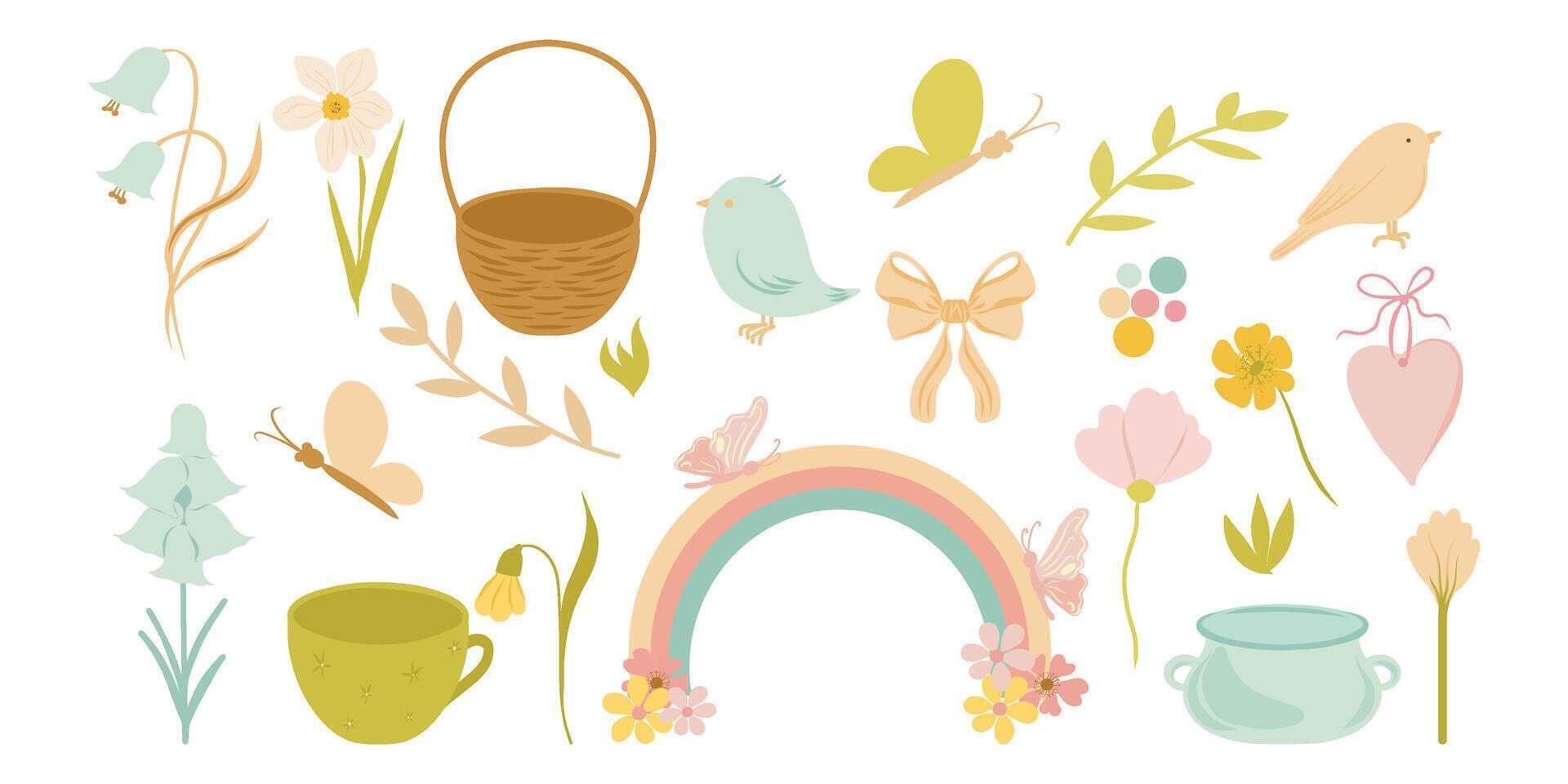 Hand drawn Spring clipart, Cute Easter set of elements. Basket, flowers, rainbow, bird, butterfly, tied bow. Spring set for poster, card, scrapbooking, stickers. vector