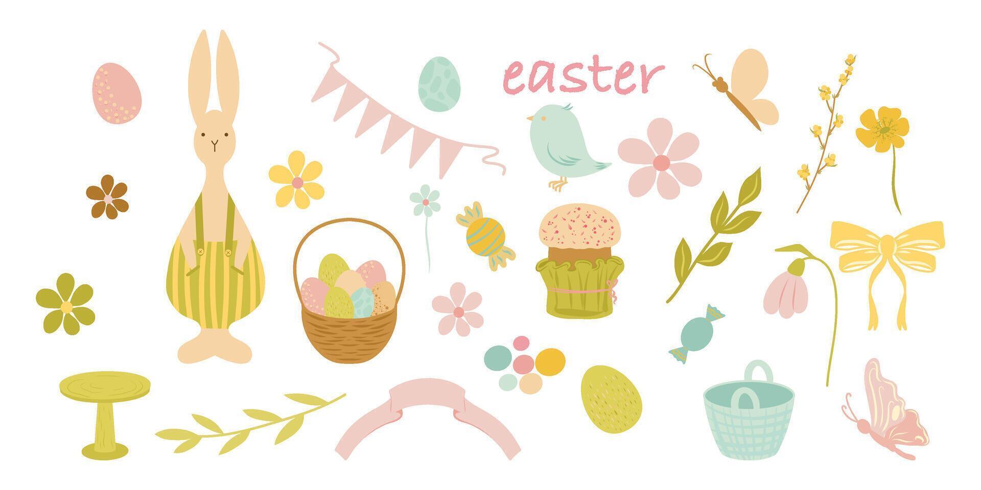 Hand drawn Easter clipart, Cute Easter set of elements. Basket full of eggs, flowers, easter cake, bird, bunny, butterfly. Spring set for poster, card, scrapbooking, stickers. vector