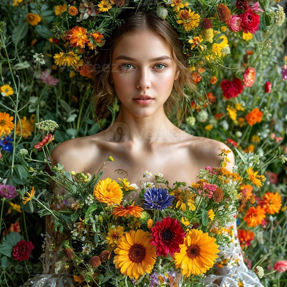 Portrait of a girl with a wreath and a bouquet of wildflowers photo
