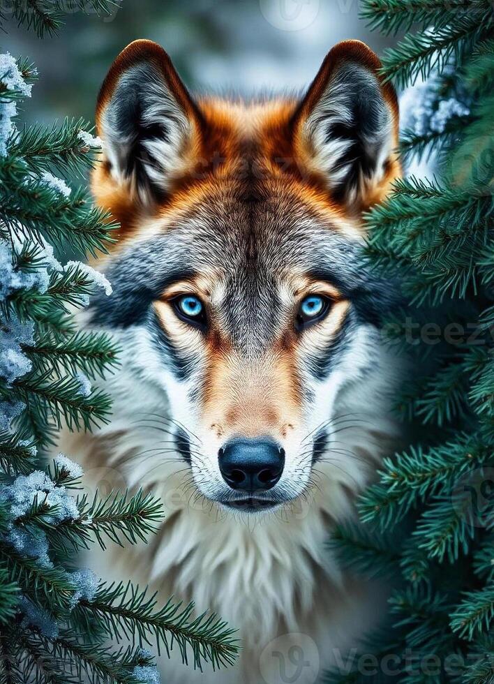 Portrait of a wolf in the winter forest. Animal theme photo