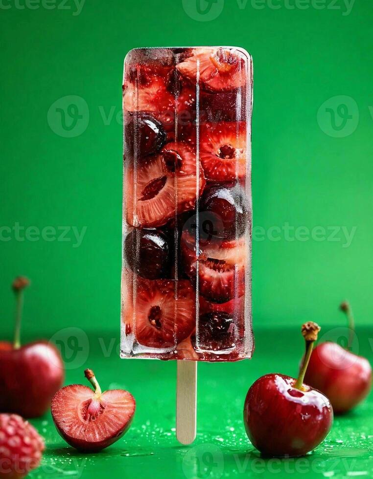 Transparent ice popsicle with berries inside photo