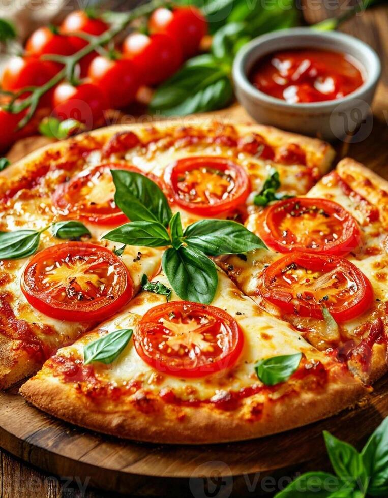 Pizza with tomatoes and basil photo
