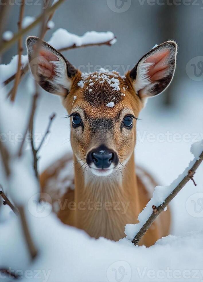 A fawn in the winter forest photo