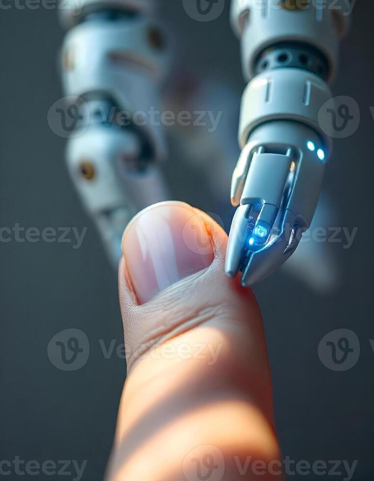 Human finger and robot finger photo