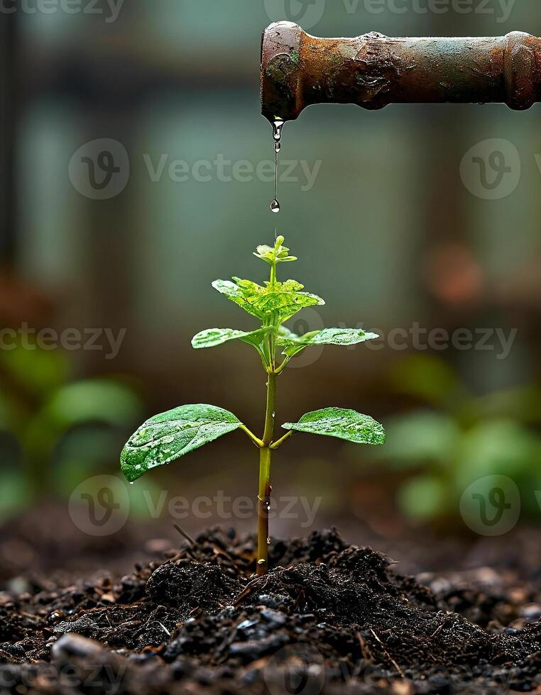 A green plant growing out of the soil photo