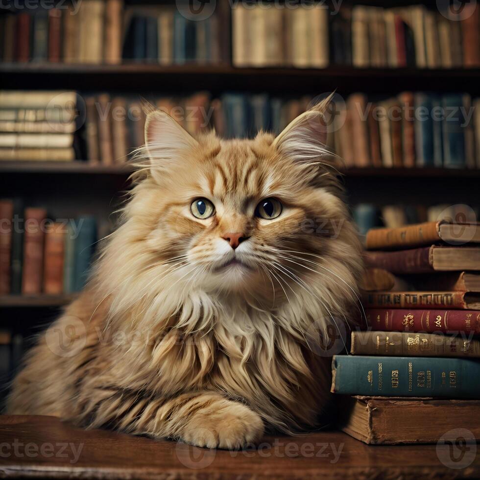 Fluffy cat in the library photo