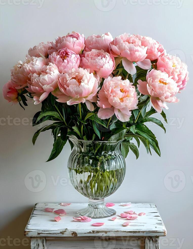 Pink peonies in a glass vase brighten a cozy indoor space with natural beauty and elegance photo
