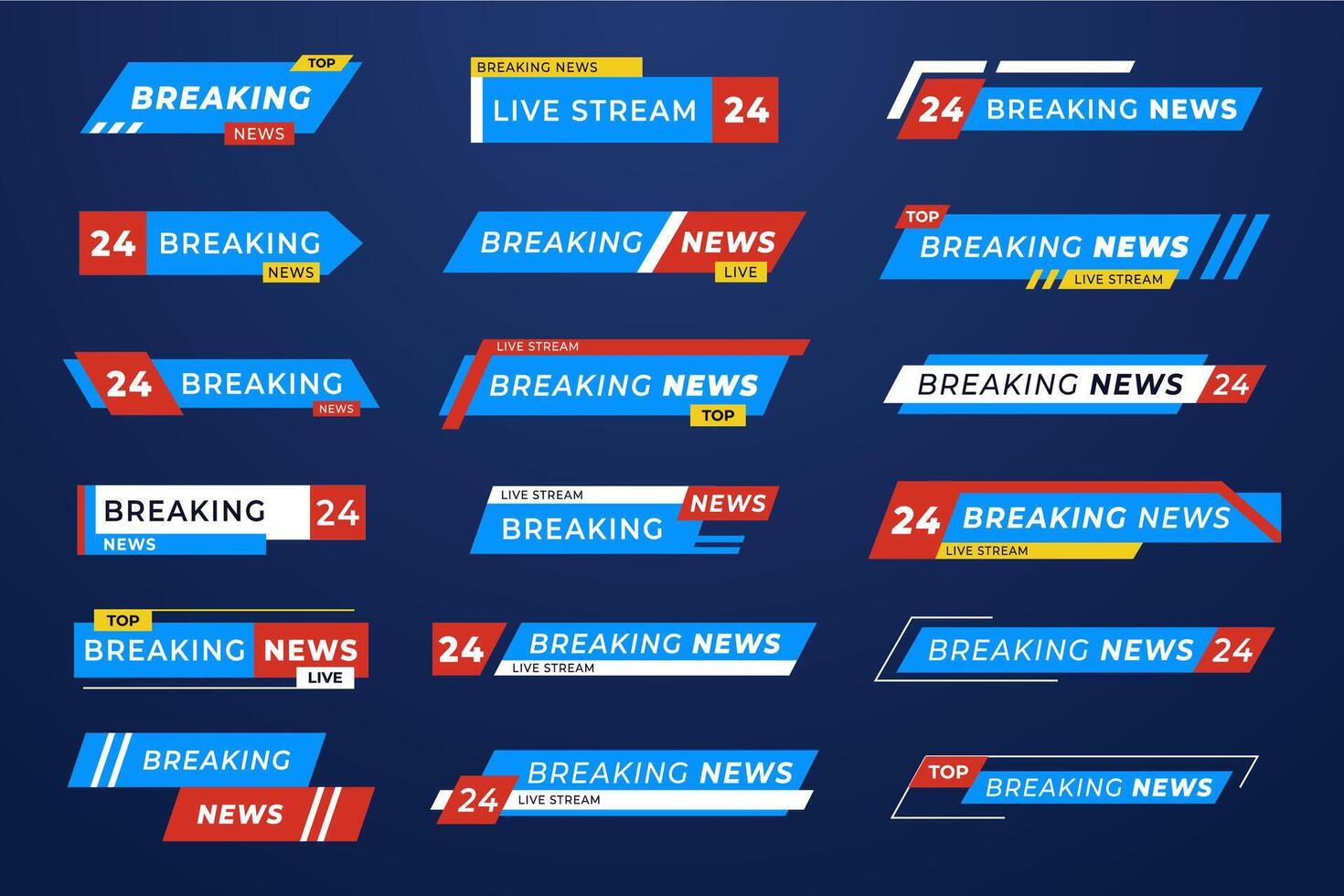 Breaking news banners with modern typography and bold colors. TV broadcasts, live streaming, and media presentations vector