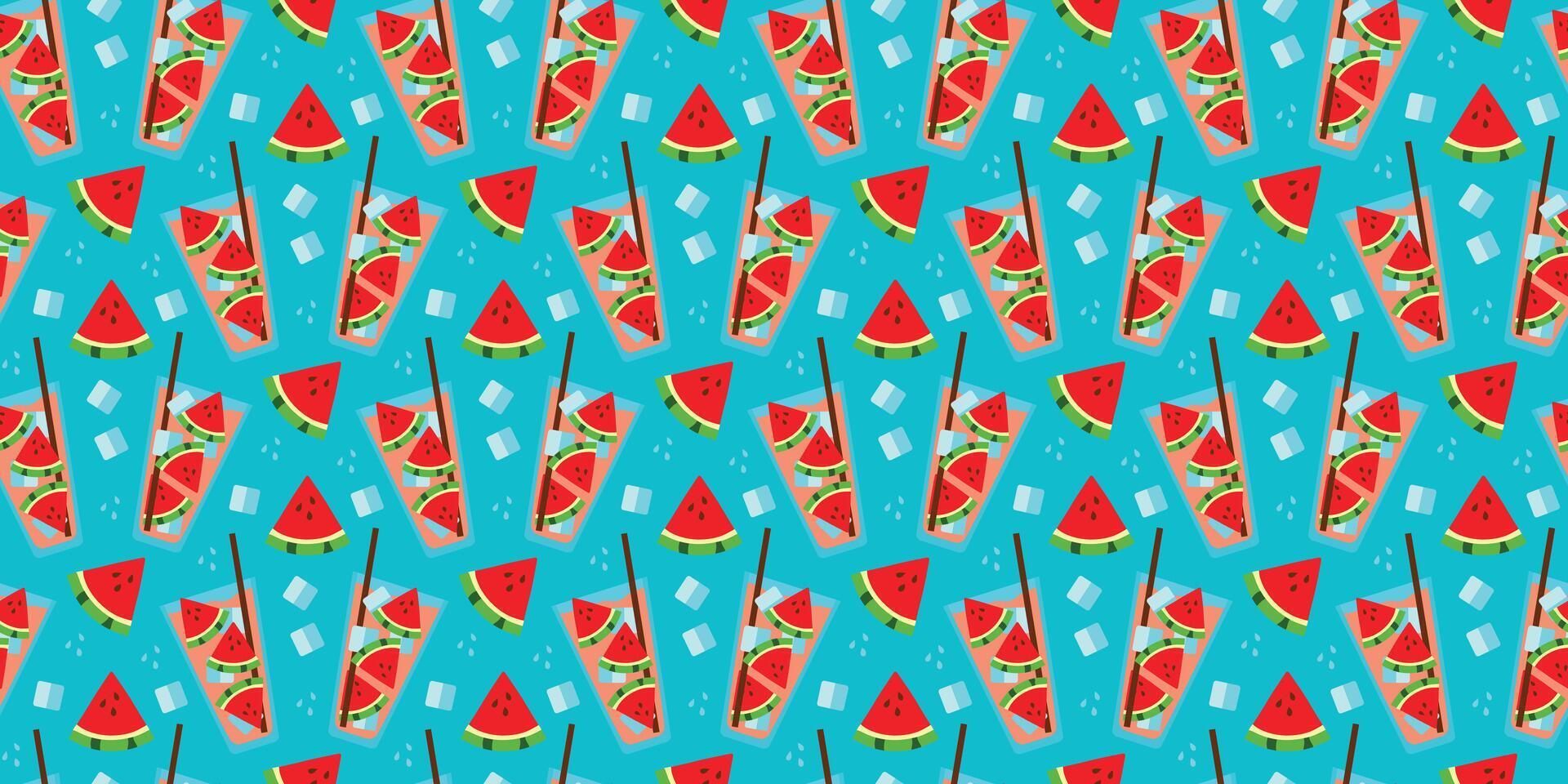 Pattern of Watermelon Juice in glass, Pieces of fruit with ice cubes on blue background. Seamless print refreshing cold summer Lemonade. Drink in transparent cup with straw. Drops. illustration vector
