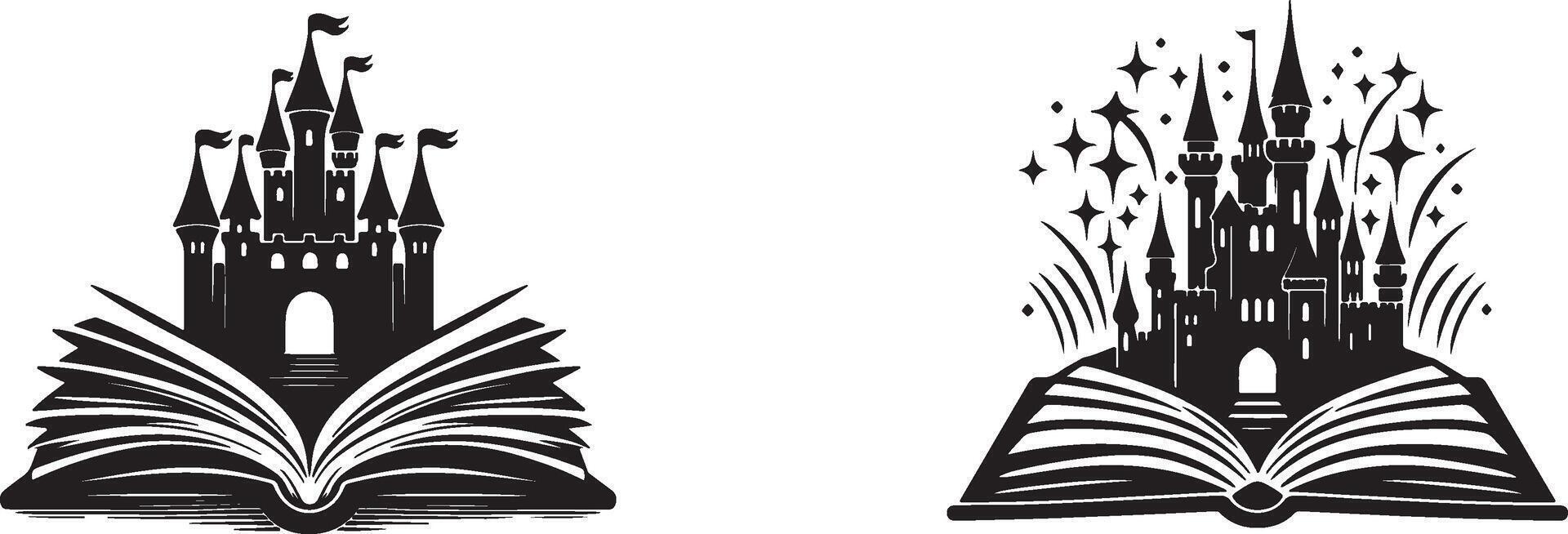 Two black and white illustrations of a castle and a book vector