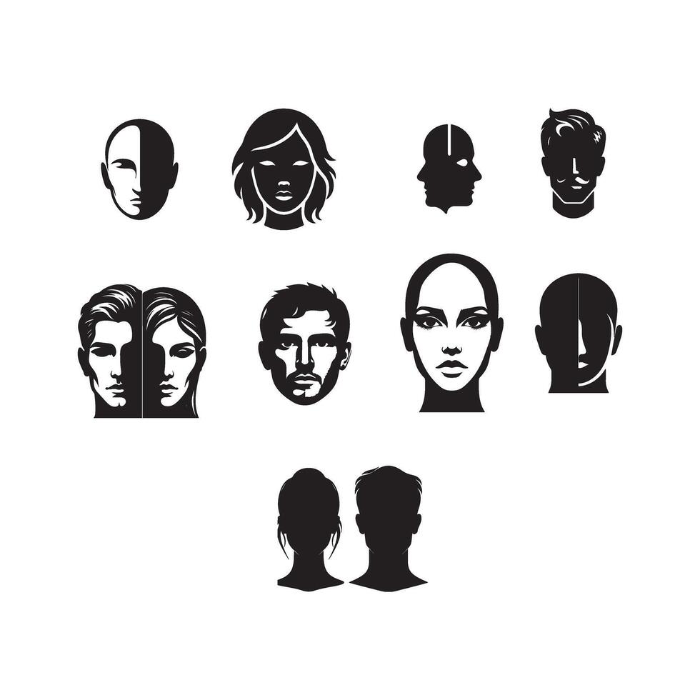 A set of black and white silhouettes of people's faces vector