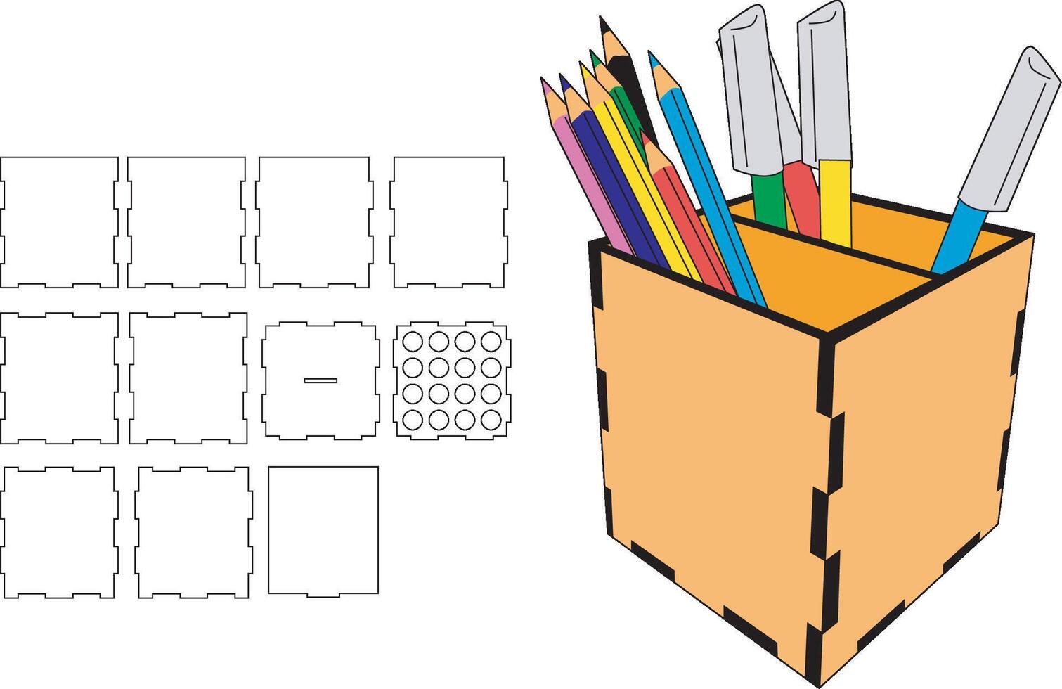 Laser cut template Pencil box desk organizer - 3,5 x 3,5 x 4 inches - 9 x 9 x 10 cm for 3 mm material vector