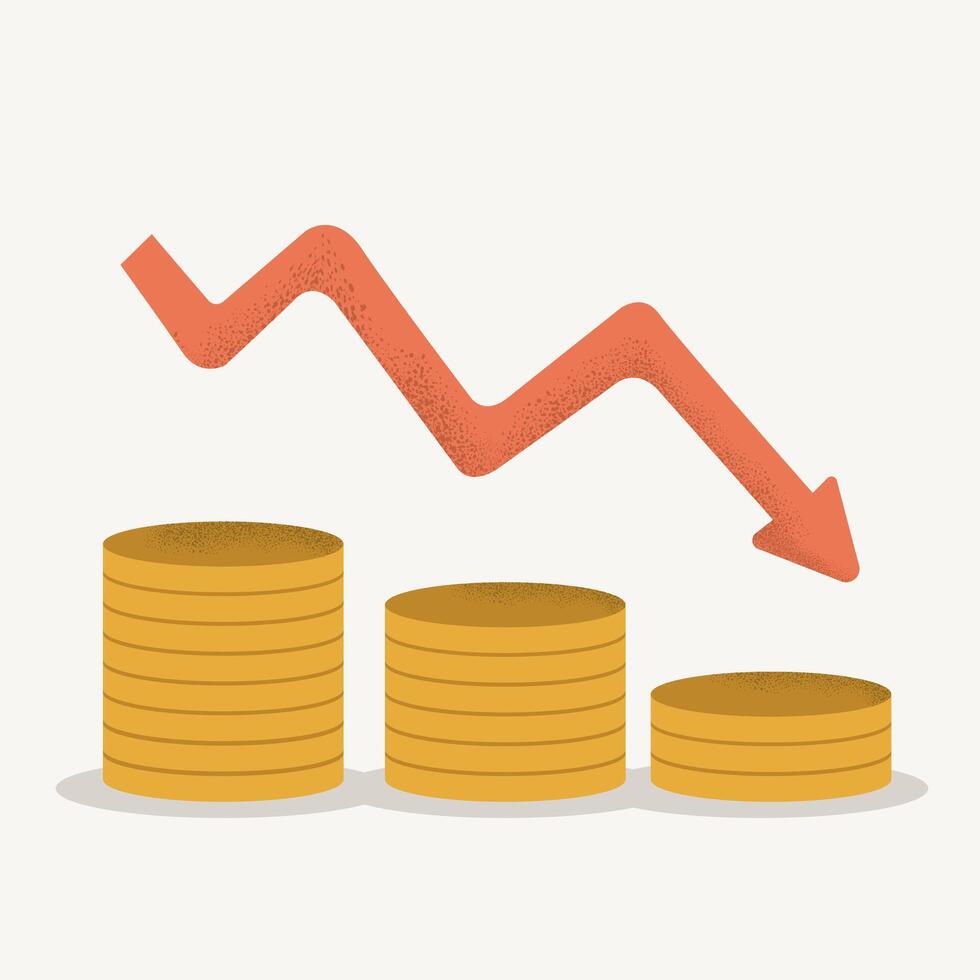 Stacks of coins decreasing in size with a downward arrow, representing financial loss, economic decline, or market downturn on a light background. vector