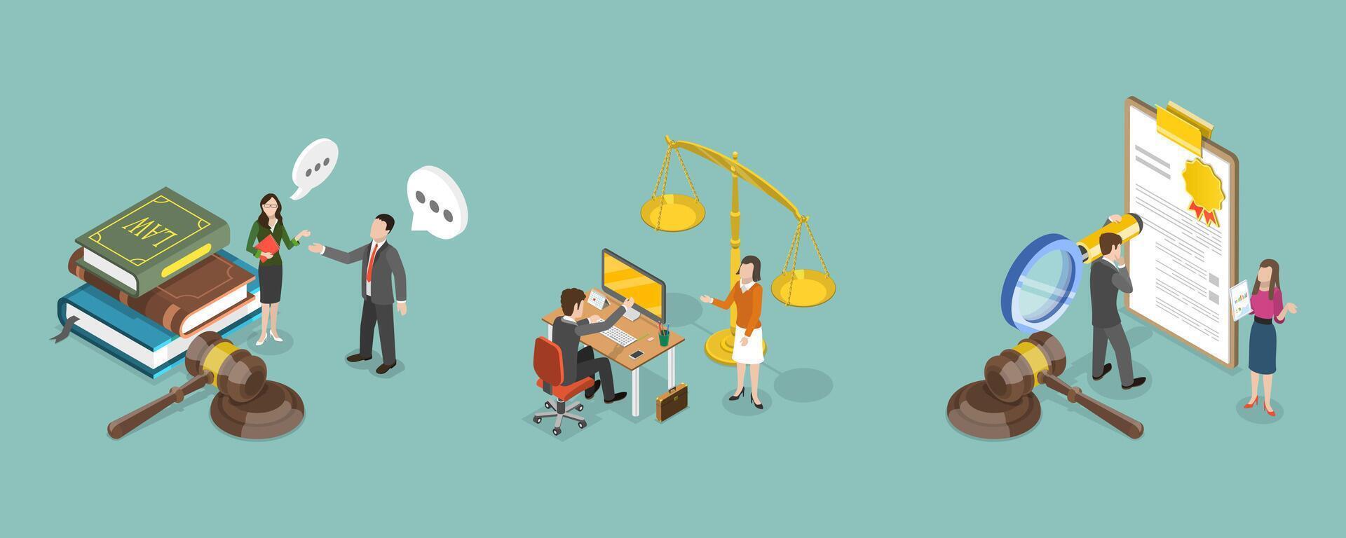 3D Isometric Flat Conceptual Illustration of Law And Justice, Legal Advice and Attorney Service vector