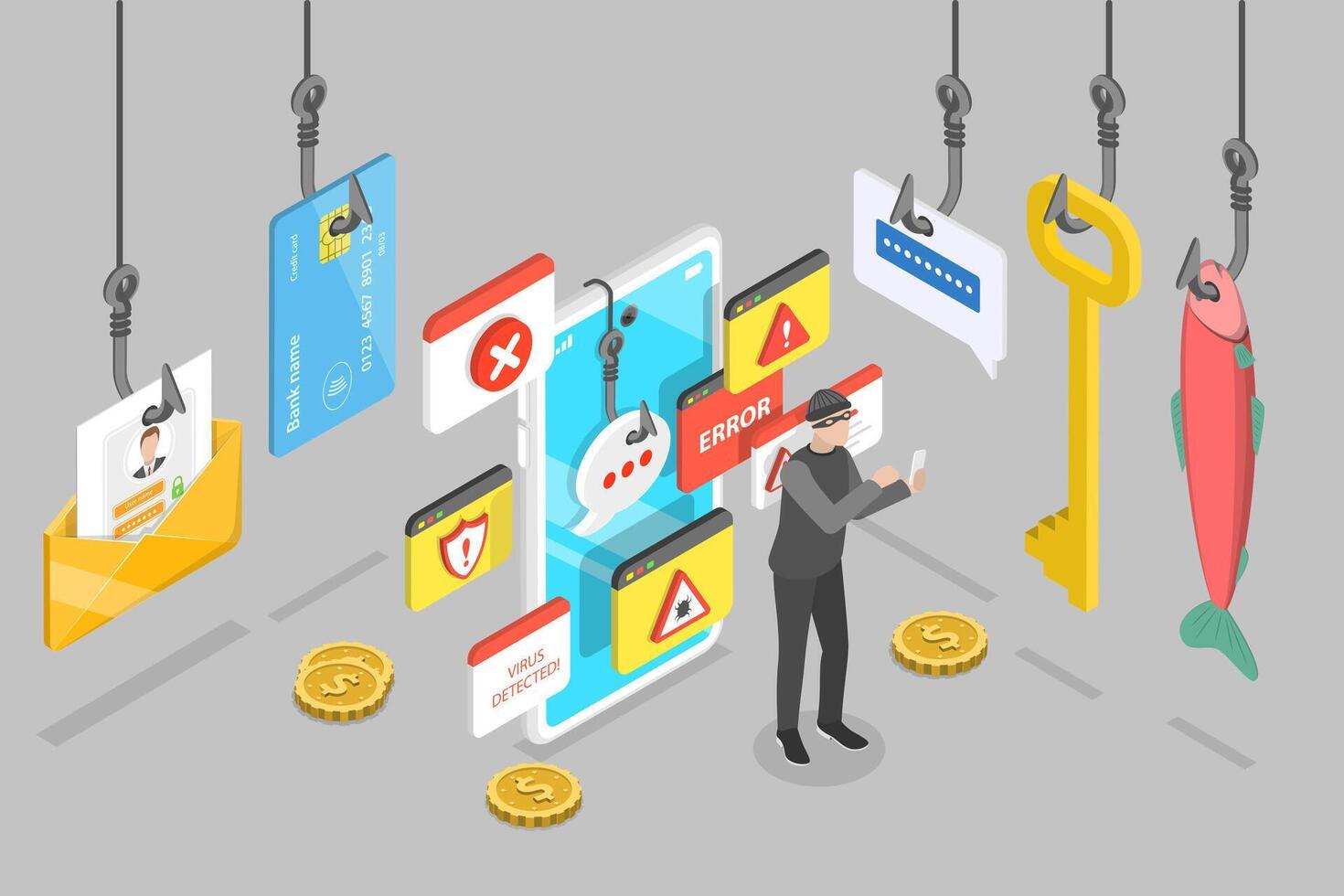 3D Isometric Flat Conceptual Illustration of Social Engineering, Cyber Crime vector