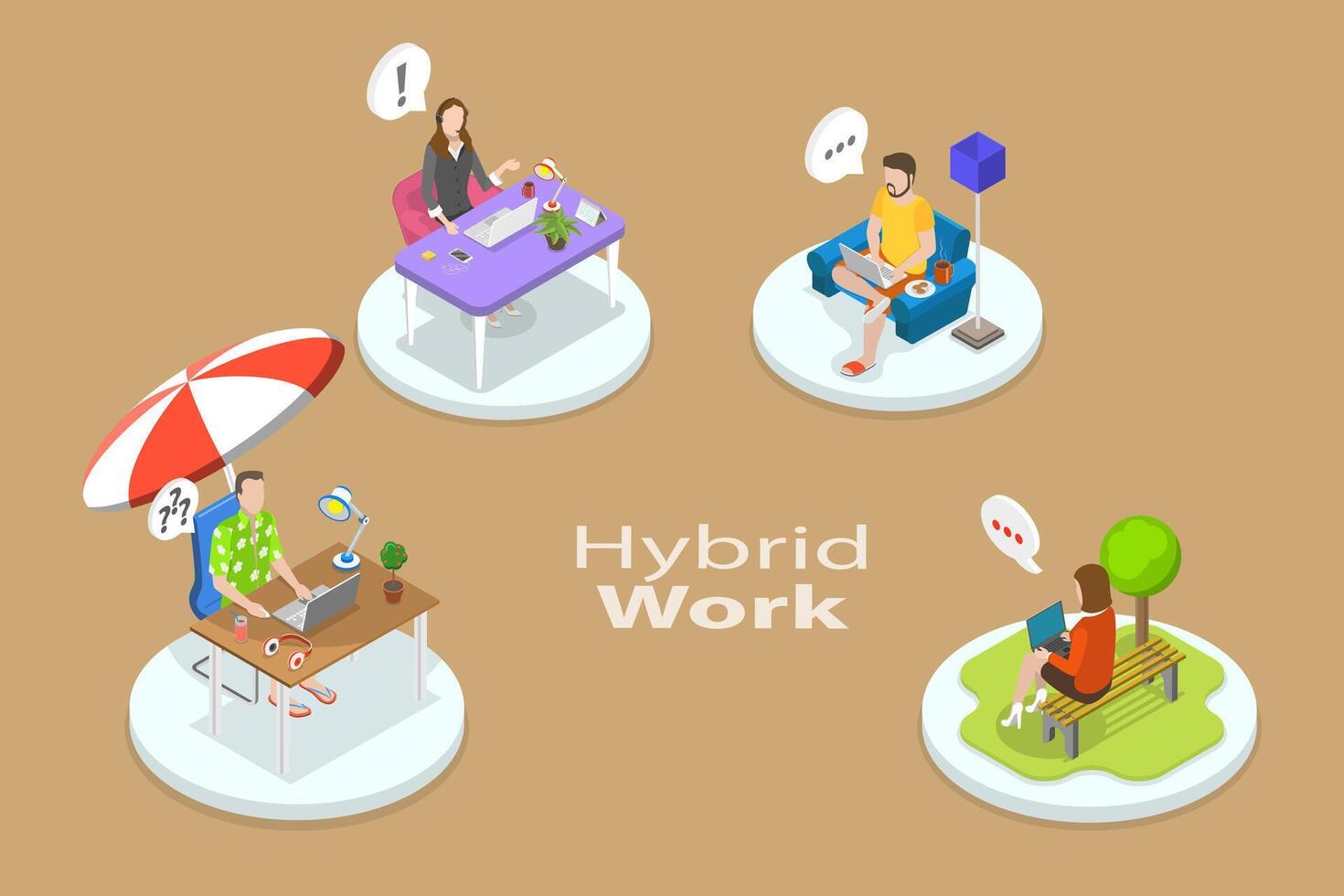 3D Isometric Flat Conceptual Illustration of Hybrid Work, Remote Workplace and Distributed Team vector