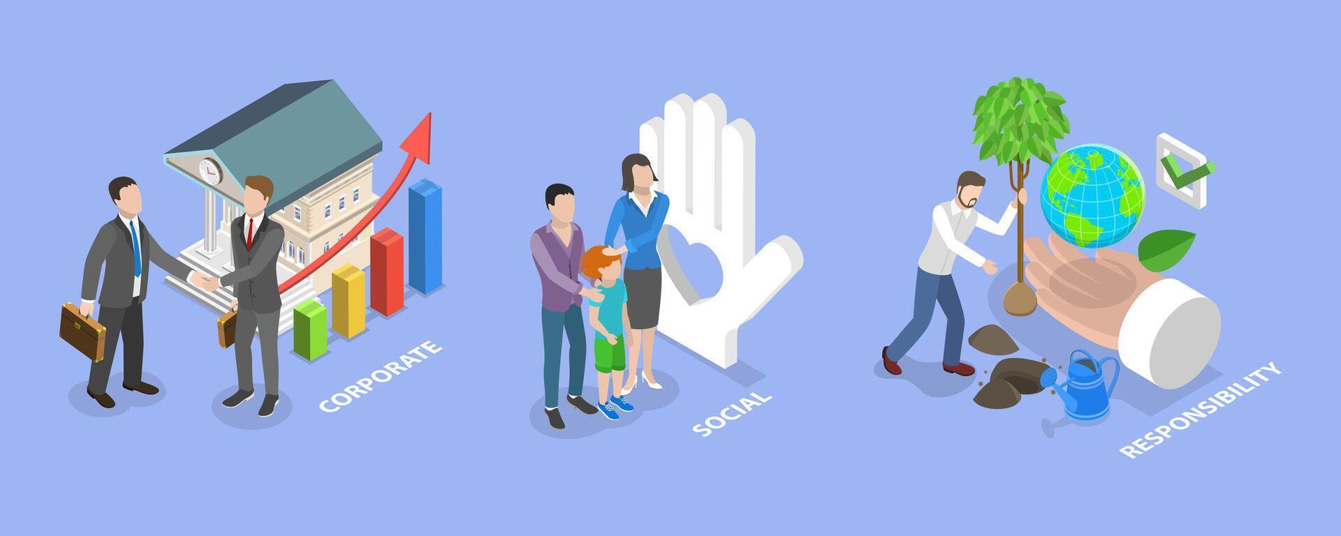3D Isometric Flat Conceptual Illustration of CSR - Corporate Social Responsibility, Sustainable and Fair Rights Organization Management vector