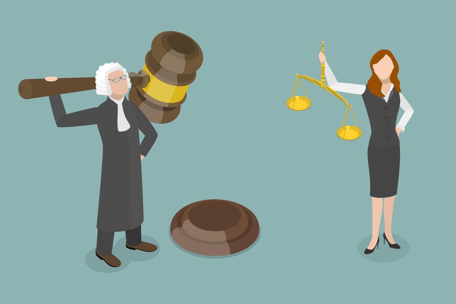 3D Isometric Flat Conceptual Illustration of Law and Justice, Judge and Lawyer Characters vector