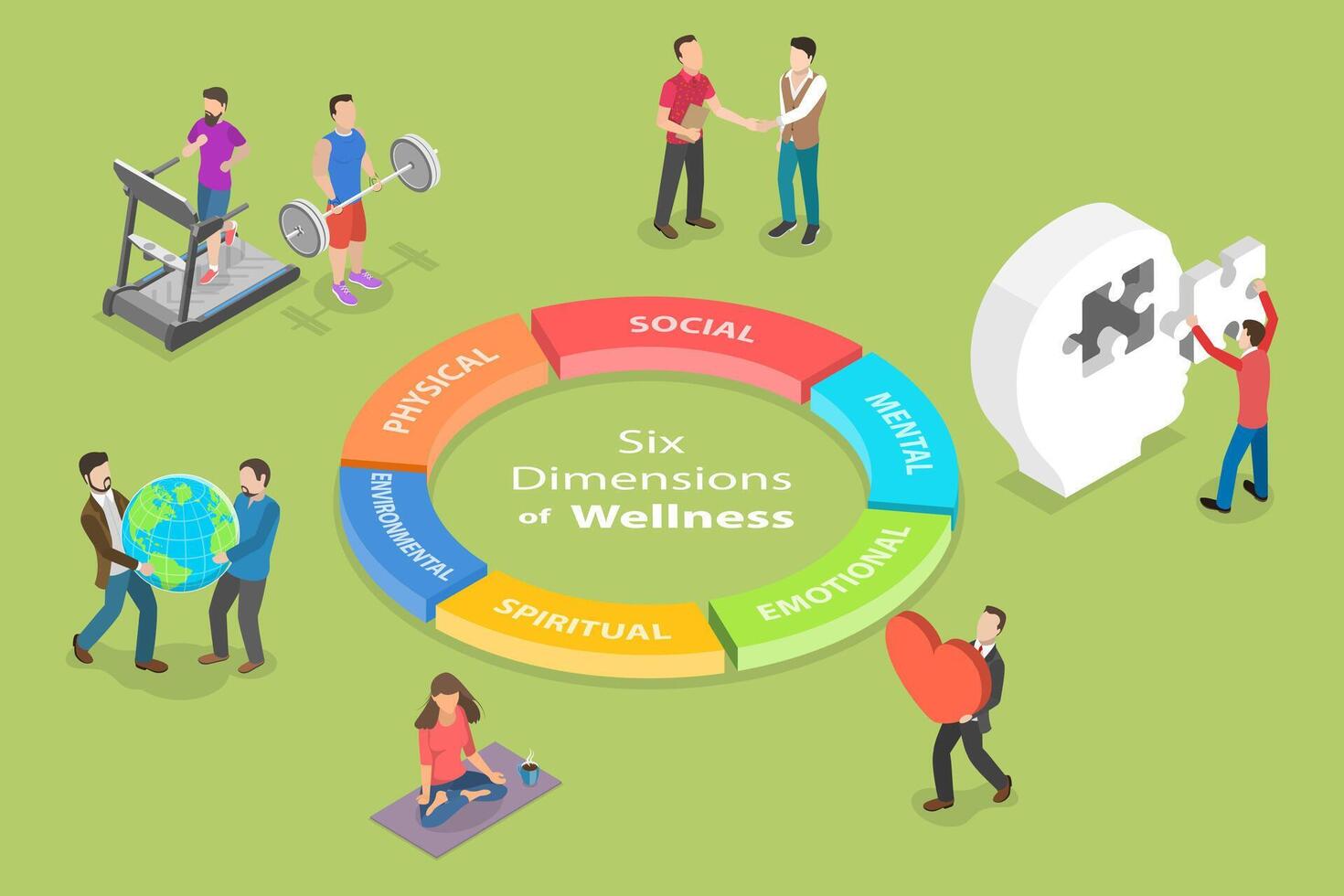 3D Isometric Flat Conceptual Illustration of Six Dimensions Of Wellness. vector