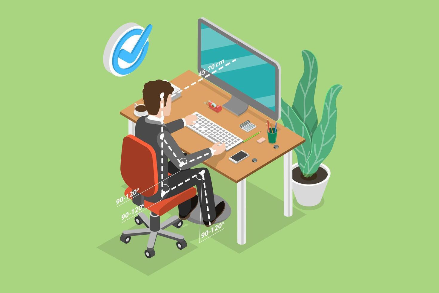 3D Isometric Flat Conceptual Illustration of Ergonomically Correct Workstation. vector