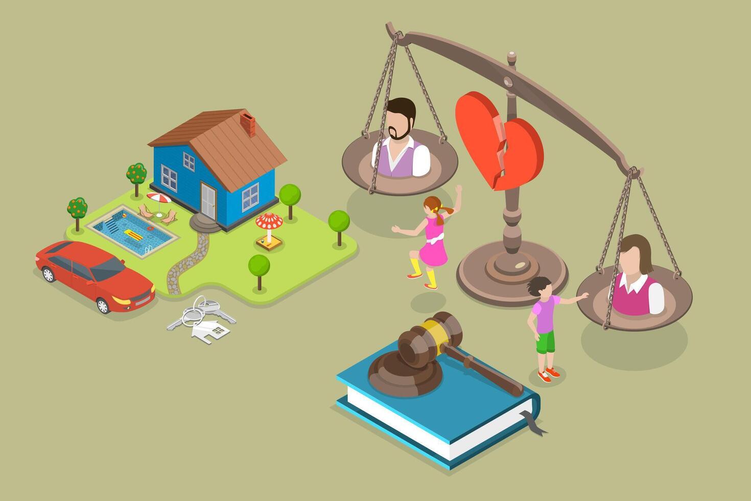 3D Isometric Flat Conceptual Illustration of Child Custody In Divorce, Family Law Separation vector