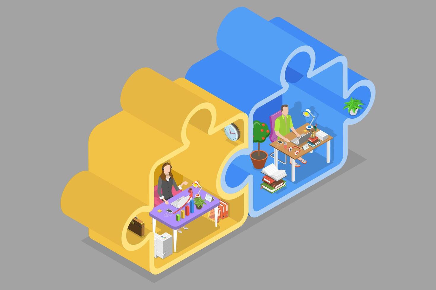3D Isometric Flat Conceptual Illustration of Hybrid Work, Teleworking and Business Teamwork vector