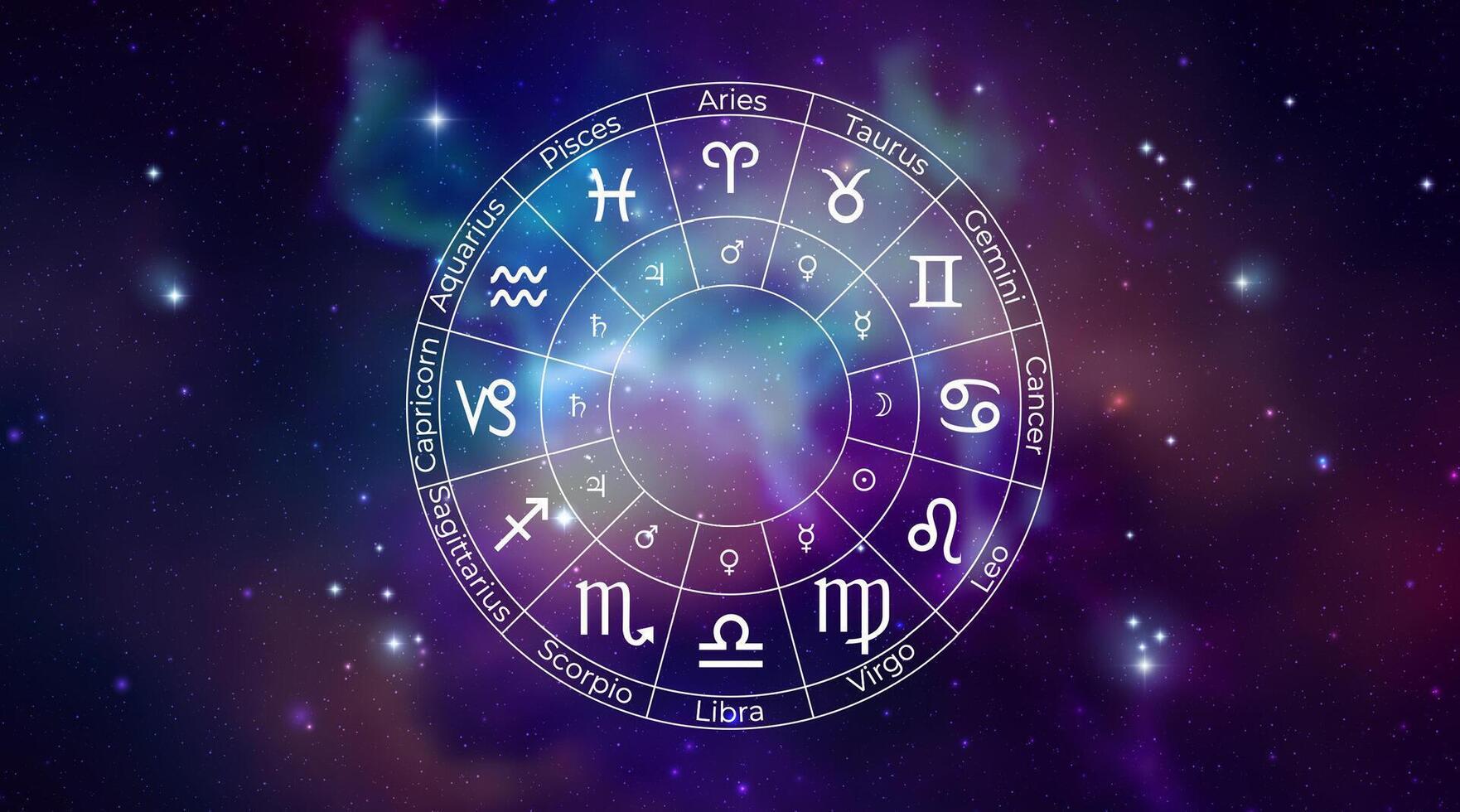 Circle with Zodiac Signs on Colorful Starry Space Background. Illustration vector
