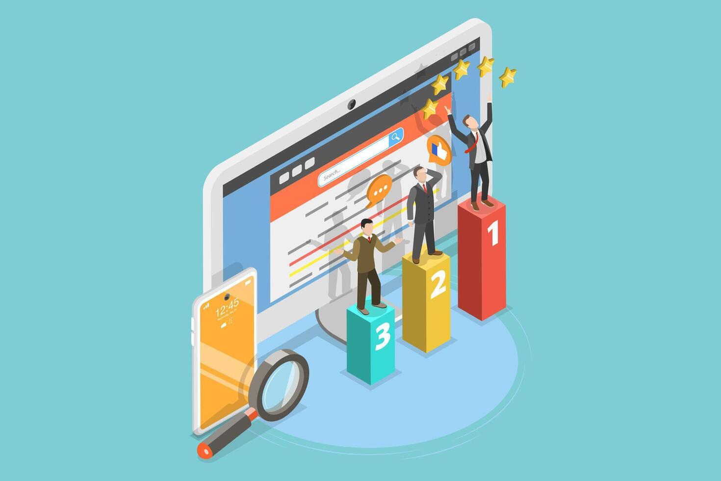 3D Isometric Flat Conceptual Illustration of Seo Ranking, Search Engine Optimization vector