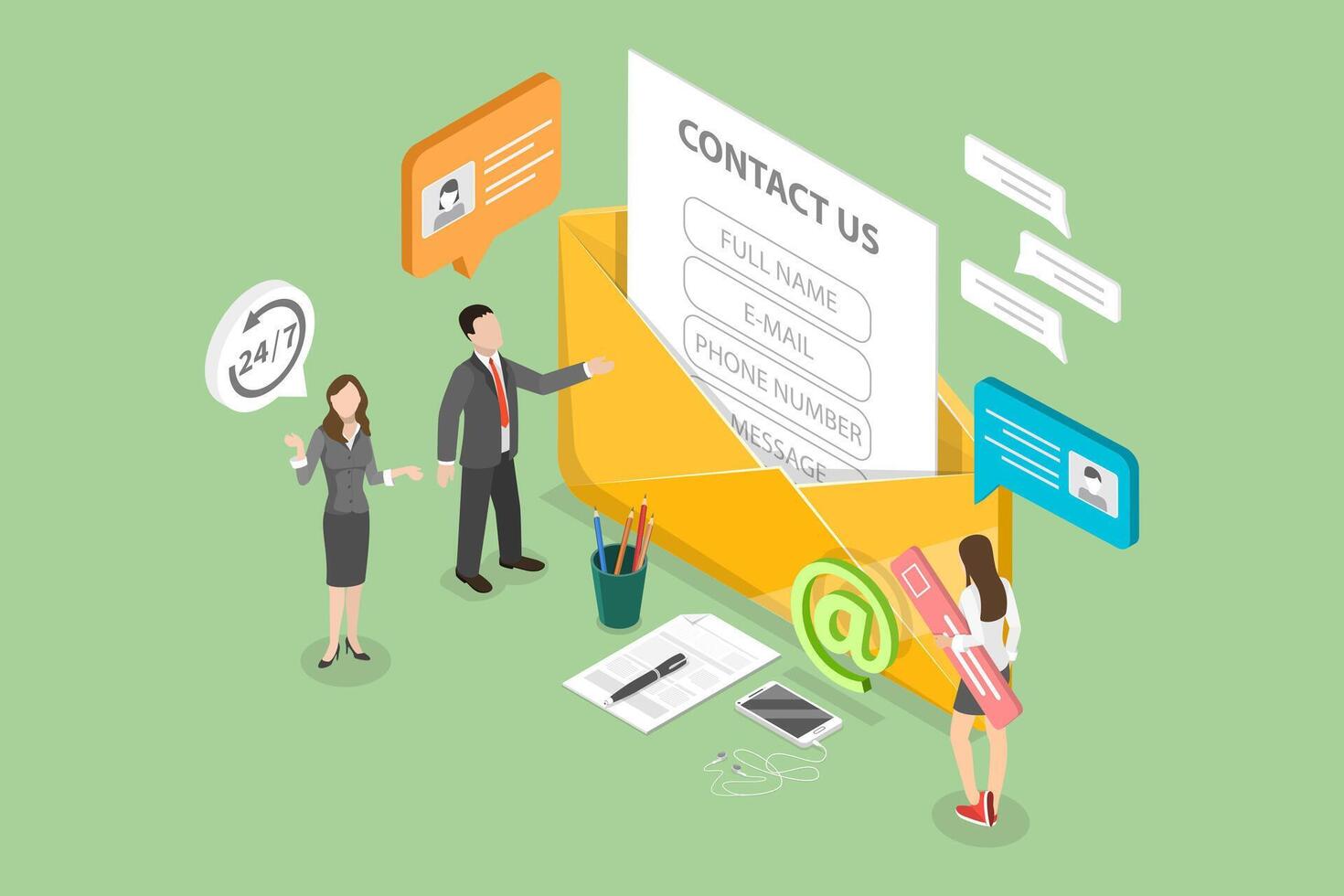 3D Isometric Flat Conceptual Illustration of Contact Us, Get in Touch or Feedback Online Form vector