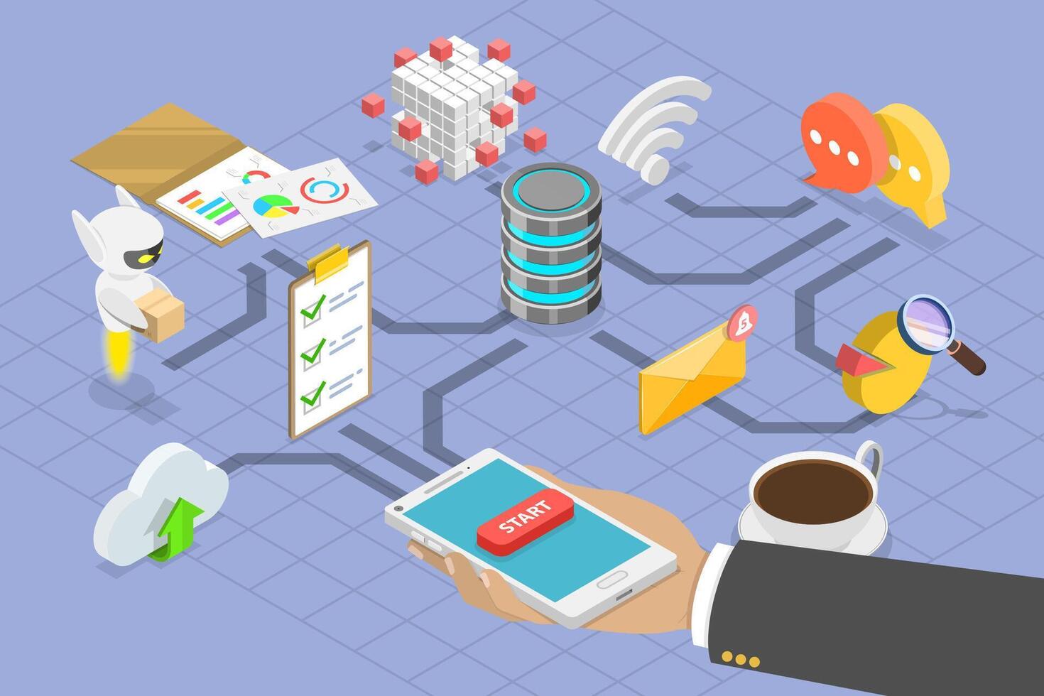 3D Isometric Flat Conceptual Illustration of Digital Transformation, Automation and Cloud Computing vector