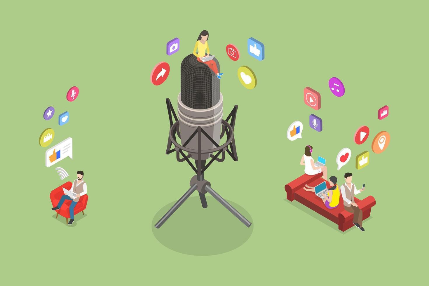 3D Isometric Flat Conceptual Illustration of Radio Advertising, Marketing Campaign vector