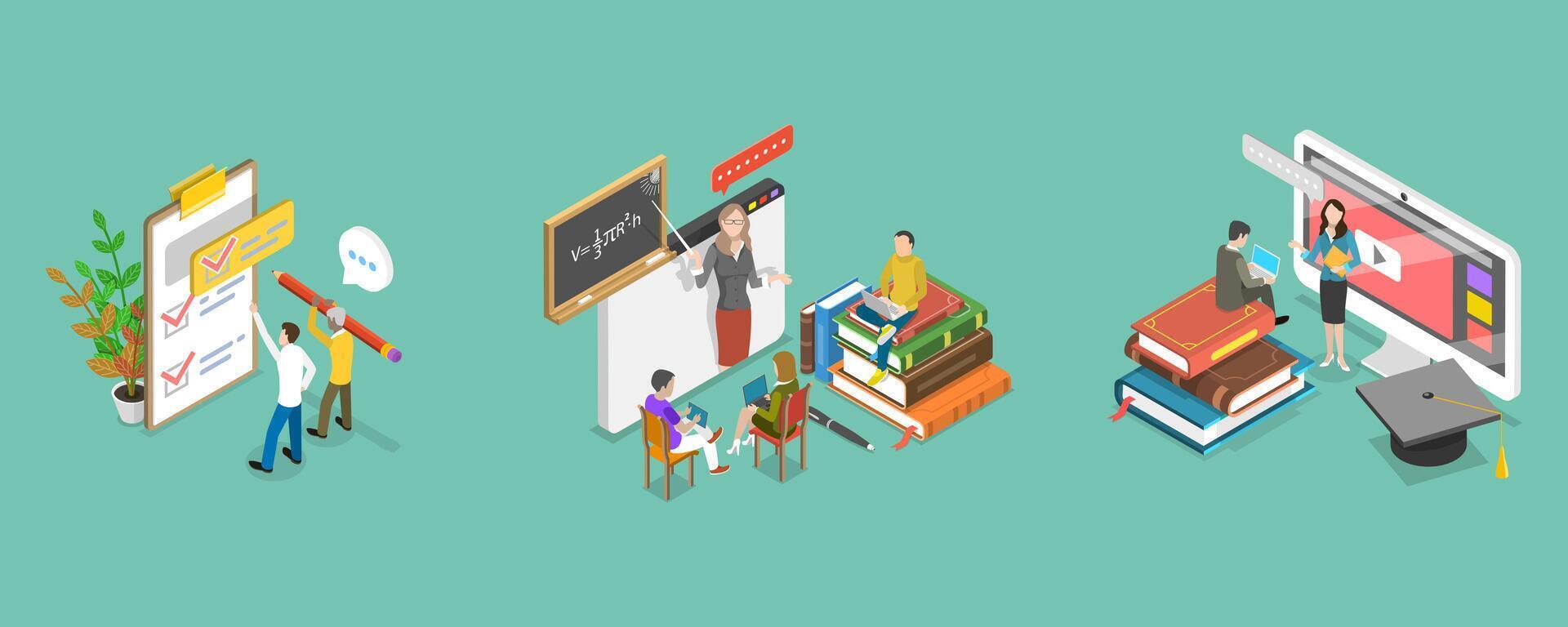 3D Isometric Flat Conceptual Illustration of Virtual Learning, Education and Acquiring Knowledge vector