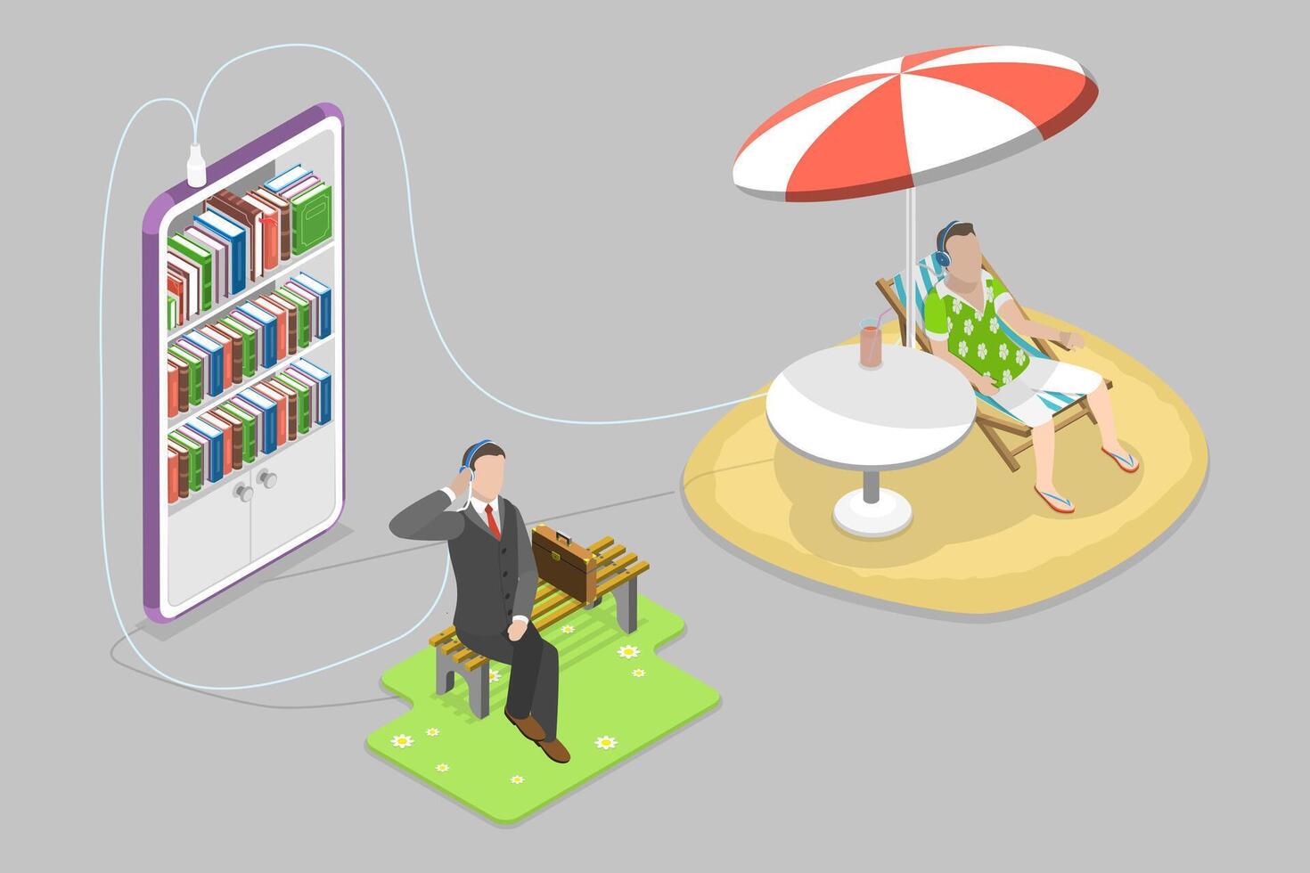 3D Isometric Flat Conceptual Illustration of Audio Books, E-learning and Podcast Listening vector