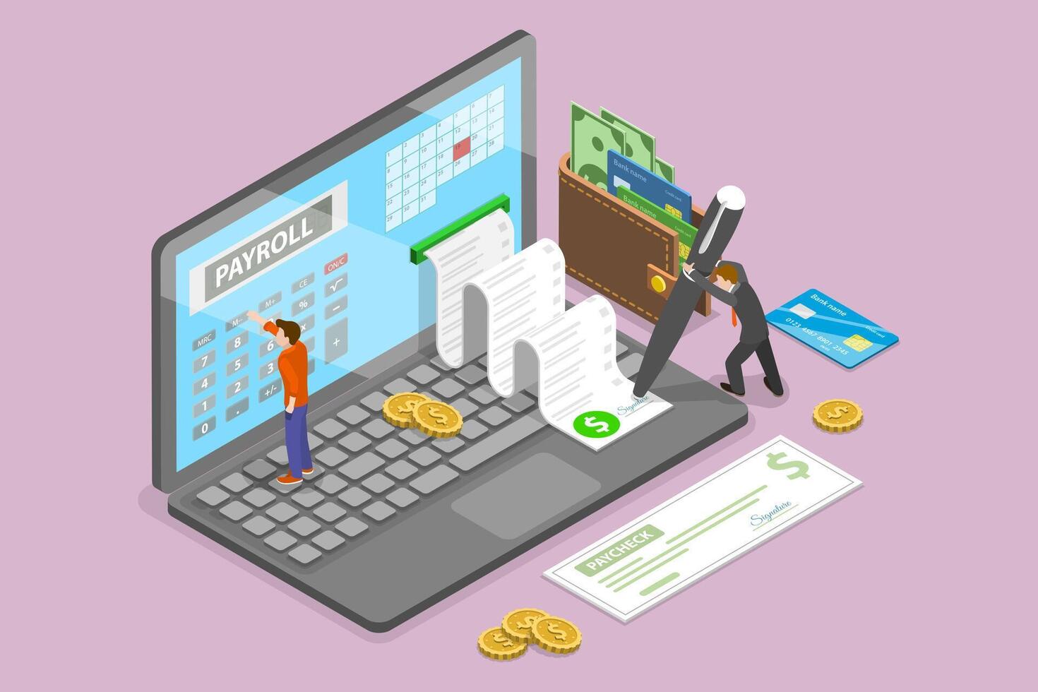 3D Isometric Flat Conceptual Illustration of Payroll System, Online Income Calculator vector