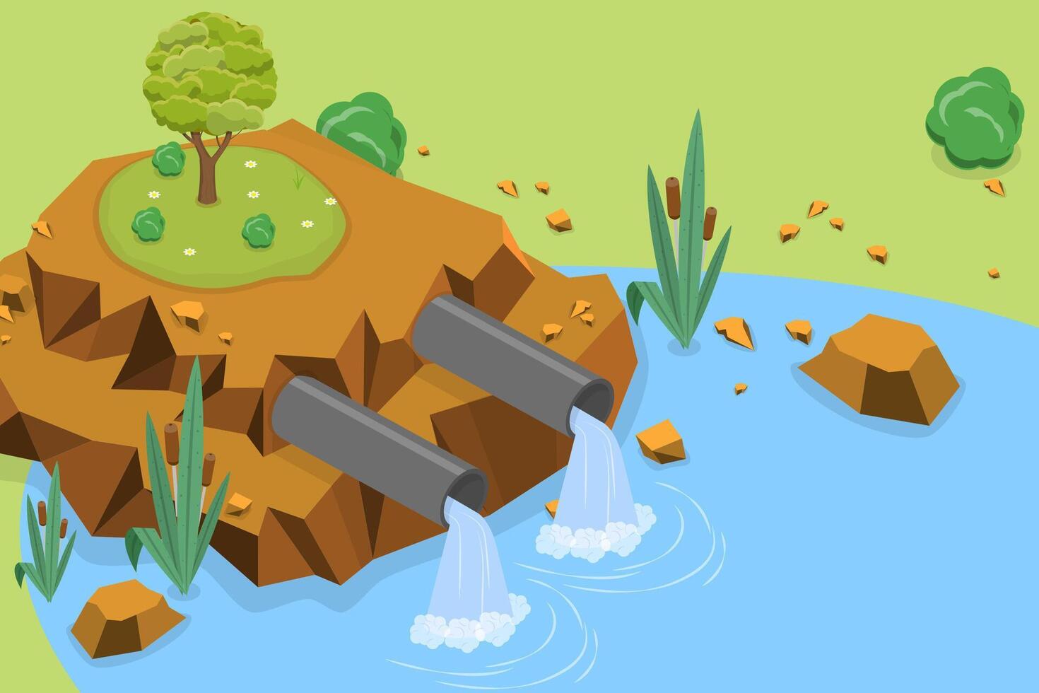 3D Isometric Flat Conceptual Illustration of Wastewater Pollution, Sewage Ecological Damage vector