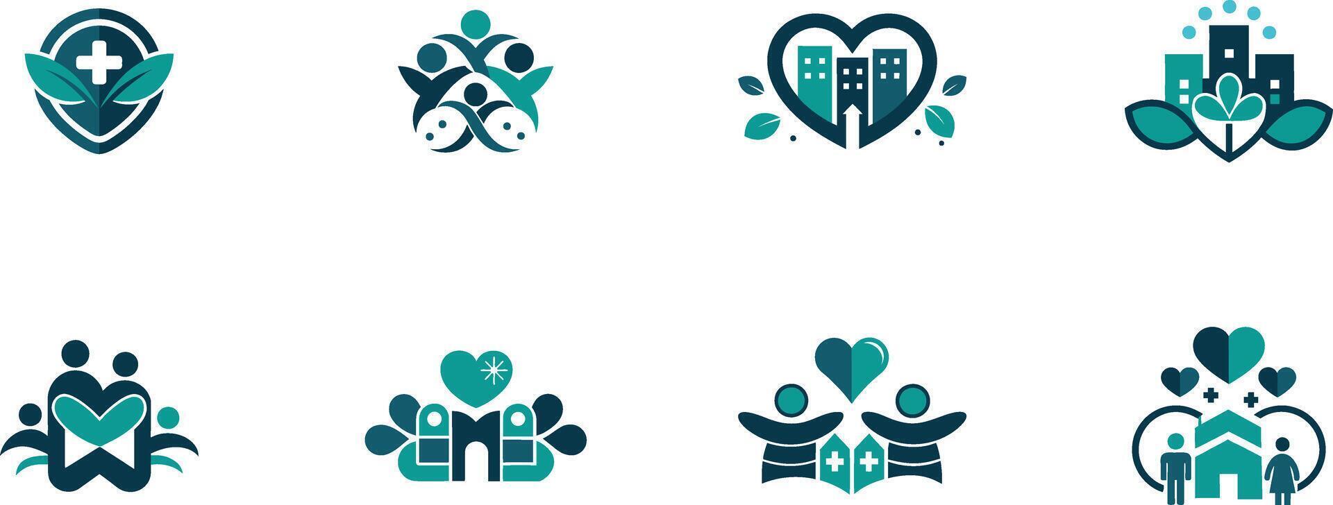 Green And Teal Smart Community Care Health Logo Icons Set Illustration On An Isolated White Background vector