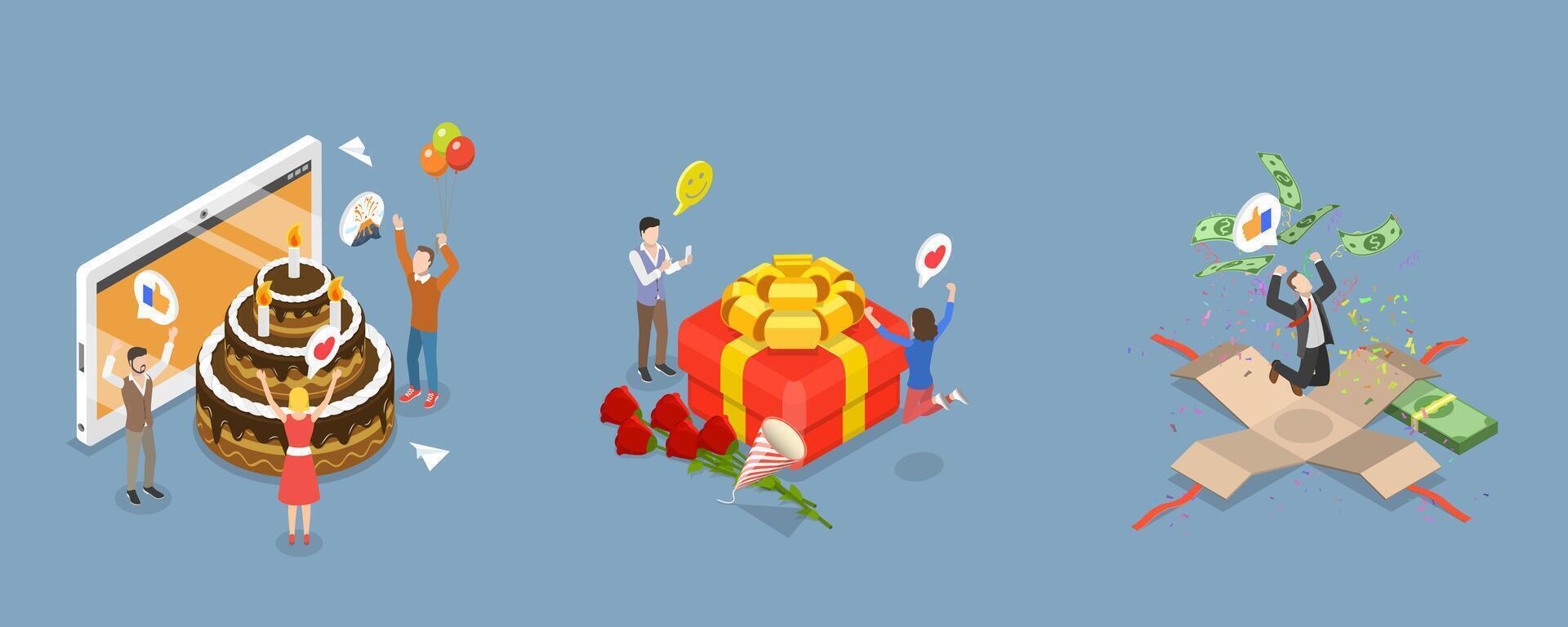 3D Isometric Flat Conceptual Illustration of Celebrating Set, Happy and Cheerful People vector